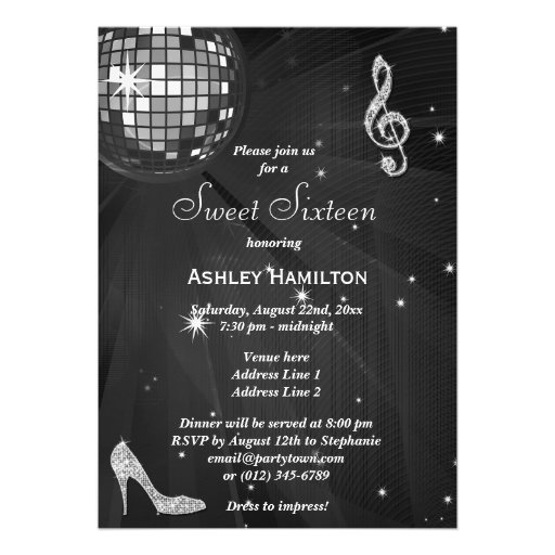 Silver Disco Ball and Sparkle Heels Black Sweet 16 Announcement