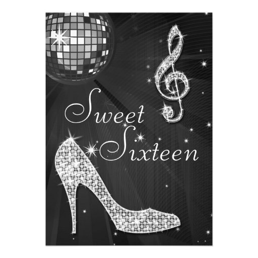 Silver Disco Ball and Sparkle Heels Black Sweet 16 Announcement