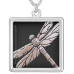 Silver dragonfly on black background custom necklace