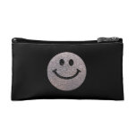 Silver faux glitter smiley face cosmetic bag