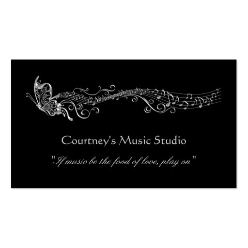 Silver Filigree Butterflies Music Notes Business Card Template (front side)