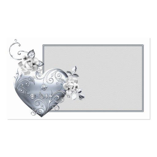 Silver Filigree Heart & White Roses Business Card Templates (front side)