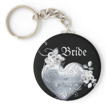 Silver Filigree Heart & White Roses Key Chain