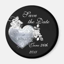 Silver Filigree Heart & White Roses Refrigerator Magnet