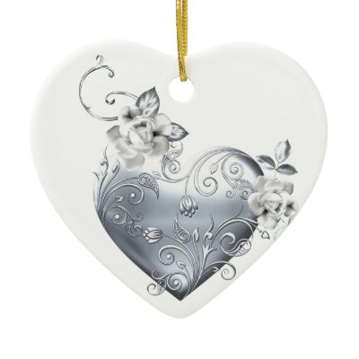Silver Filigree Heart & White Roses Ornaments