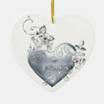 Silver Filigree Heart & White Roses Ornaments