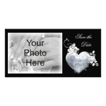 Silver Filigree Heart & White Roses Photo Card