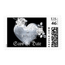Silver Filigree Heart & White Roses Postage Stamp