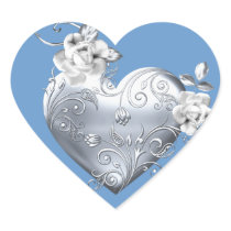 Silver Filigree Heart & White Roses Stickers