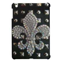 SILVER "FLEUR DE LIS" BLACK STUD-LOOK PRINT iPad MINI CASE