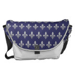 Silver Fleur de lys Floral Blue Large Messenger Commuter Bag