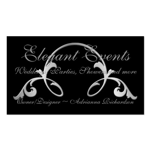 "Silver Flourish On Black" Business Card Templates (front side)