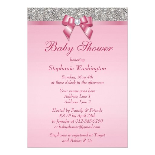 Silver Gems, Bow & Diamonds Girls Pink Baby Shower Custom Invitation