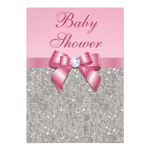 Silver Gems, Bow & Diamonds Girls Pink Baby Shower Custom Invitation