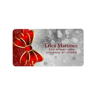 Silver Glitter And Red Christmas Sparkles Bow Address Label