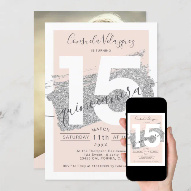 Silver Glitter Brushstroke Blush Quinceanera Photo Invitation Zazzle