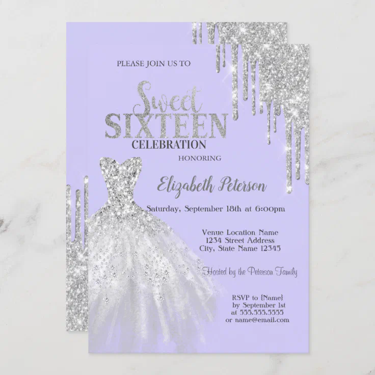 Silver Glitter Drips Dress Light Purple Sweet 16 Invitation Zazzle