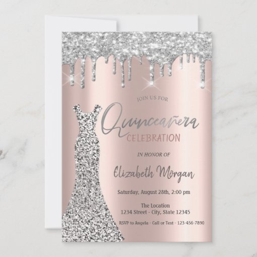 Silver Glitter Drips Dress Rose Gold Quinceañera Invitation Zazzle