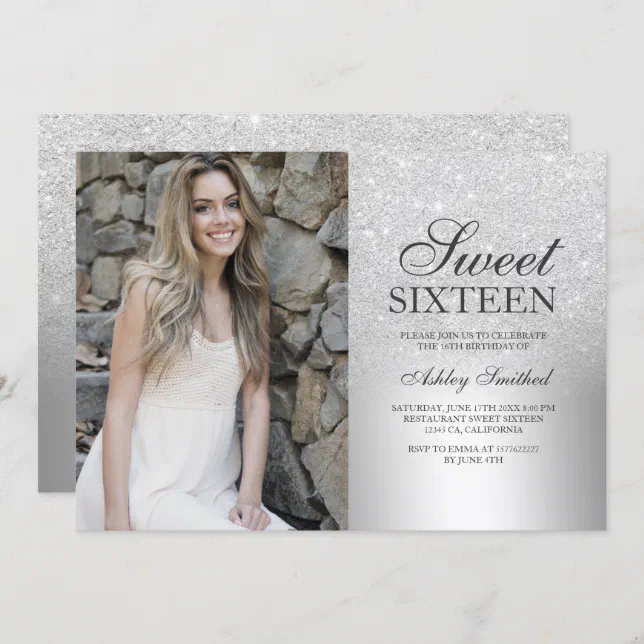 Silver Glitter Ombre Metallic Photo Sweet 16 Invitation Zazzle