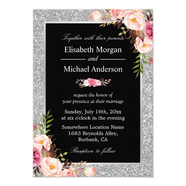 Silver Glitter Sparkles Floral Wedding Invitation (front side)