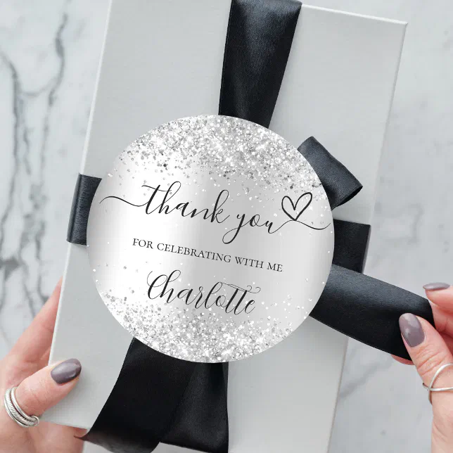 Silver Glitter Sparkles Thank You Classic Round Sticker Zazzle