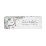 Silver glitter swirls + aqua jewels address label