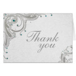 Silver glitter swirls + aqua jewels thank you card