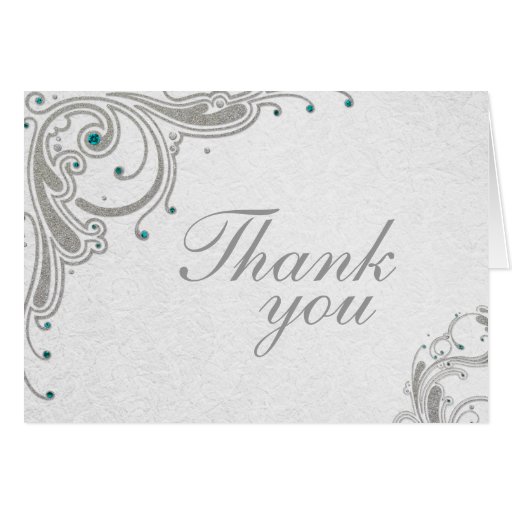 Silver glitter swirls + aqua jewels thank you card Zazzle