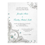Silver glitter swirls + aqua jewels wedding invite