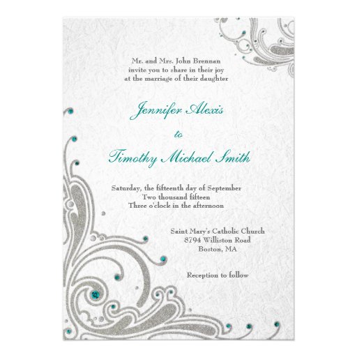 Silver glitter swirls + aqua jewels wedding invite