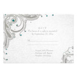 Silver glitter swirls + aqua jewels wedding RSVP Custom Invite