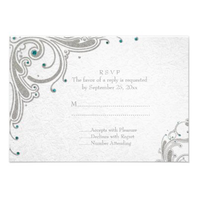 Silver glitter swirls + aqua jewels wedding RSVP Custom Invite