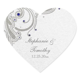 Silver glitter swirls + blue jewel wedding sticker sticker
