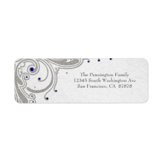 Silver glitter swirls + blue jewels address label label