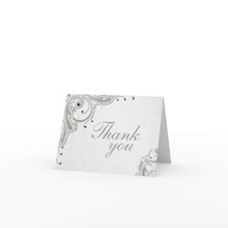 Silver glitter swirls + blue jewels thank you card card