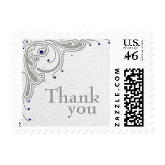 Silver glitter swirls + blue jewels thanks stamps stamp