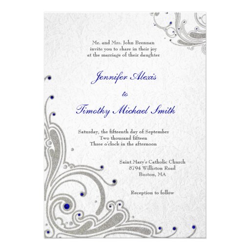 Silver glitter swirls + blue jewels wedding invite