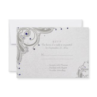 Silver glitter swirls + blue jewels wedding RSVP invitation