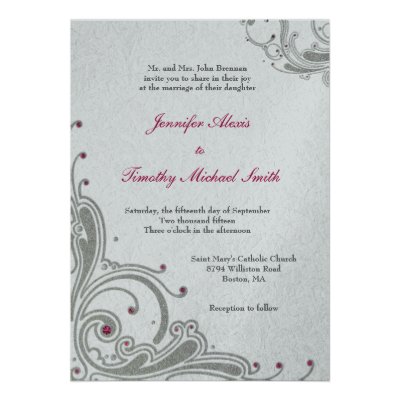 Silver glitter swirls + pink jewels wedding invite