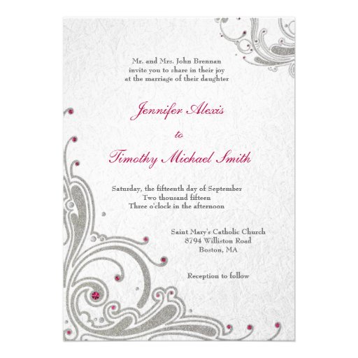 Silver glitter swirls + pink jewels wedding invite