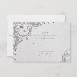 Silver glitter swirls + pink jewels wedding RSVP invitation