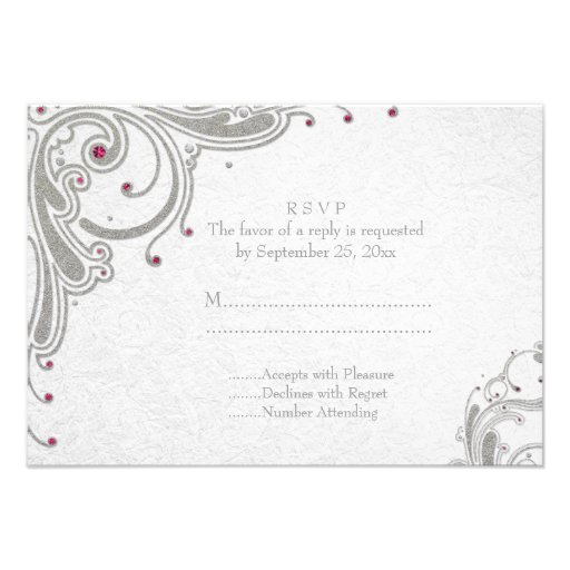 Silver glitter swirls + pink jewels wedding RSVP Invitation