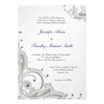Silver glitter swirls purple jewels wedding invite