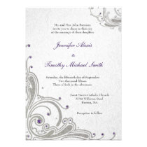 Silver glitter swirls purple jewels wedding invite
