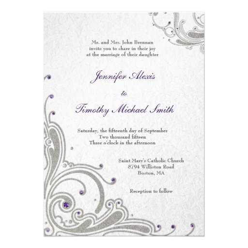 Silver glitter swirls purple jewels wedding invite (front side)