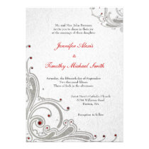 Silver glitter swirls   red jewels wedding invite