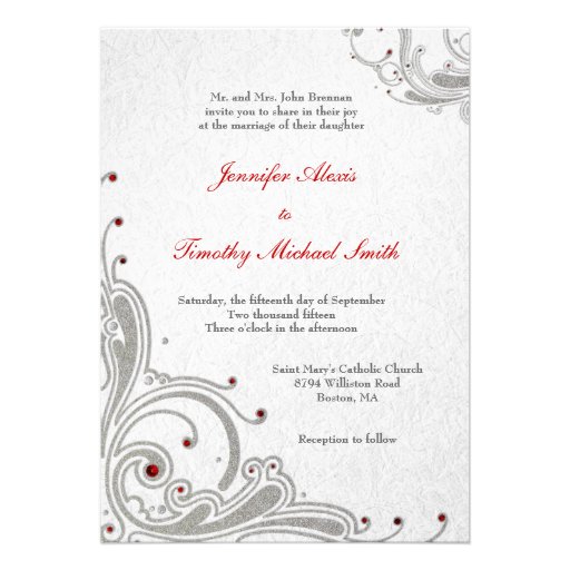 Silver glitter swirls + red jewels wedding invite