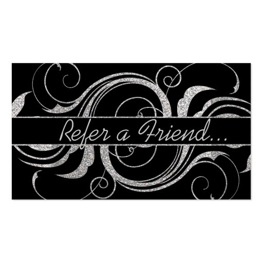 Silver glitter swirls refer a friend business card