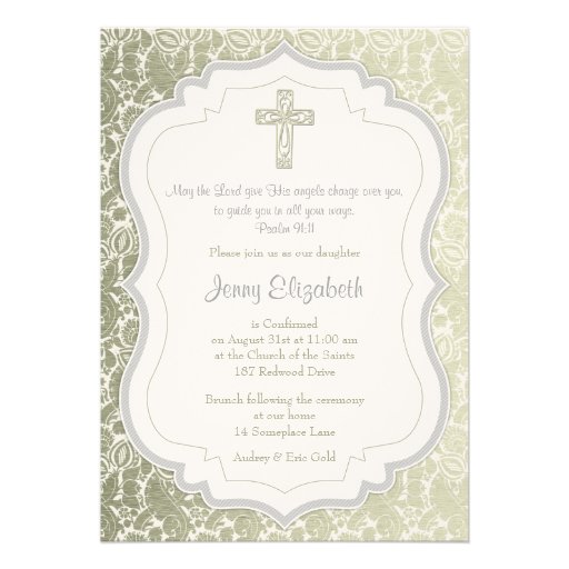 Silver Gold Vintage Damask Cross Confirmation Personalized Announcements (front side)