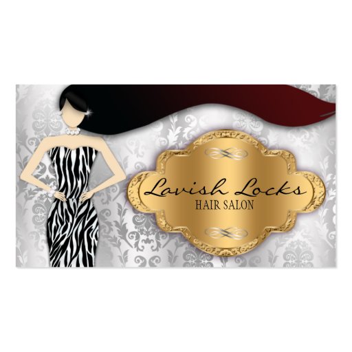 Silver Gold Zebra Damask Hair Stylist Salon Business Card Templates (front side)